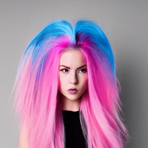 Image similar to a dramatic photo of a beautiful woman with cotton candy hair. with a little bit of cyan and pink