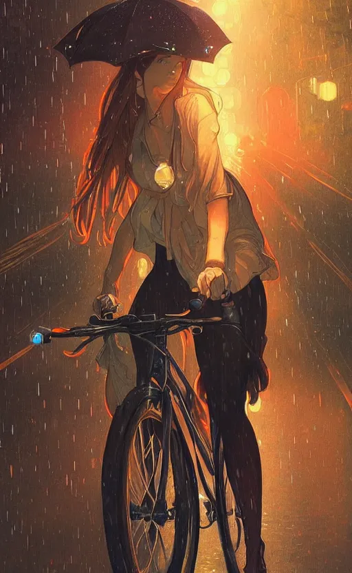 Image similar to a beautiful illustration of a woman riding a bicycle in a rainy night, fiery particles, anime aesthetic, midnight theme, depth of field, bokeh, composition study, featured on artstation, by art by artgerm and greg rutkowski and alphonse mucha, vertical orientation