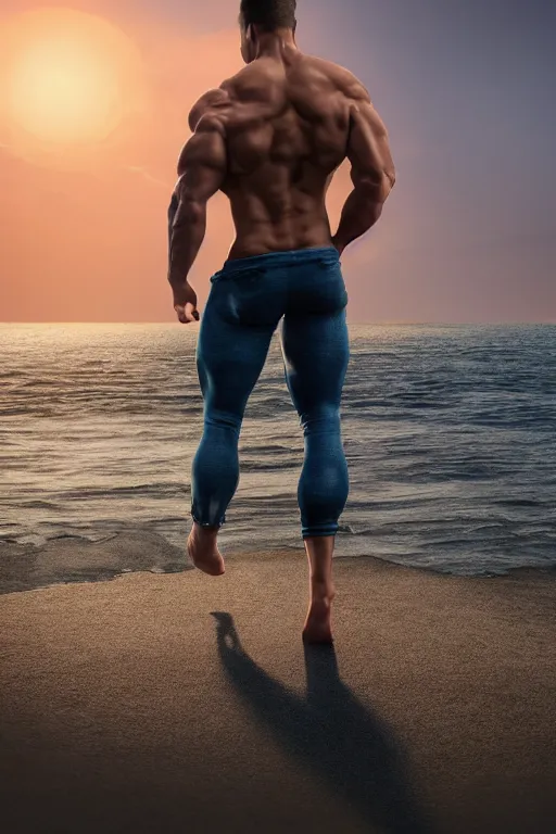 Image similar to a very muscular and defined man wearing ripped pants and shirt looking to the sea at sunset, godrays, complementary colors, natural lighting, portait image, path tracing, serene landscape, high quality, highly detailed, 8K, soft colors, warm colors, turbulent sea, high coherence, anatomically correct, hyperrealistic, concept art, defined face, five fingers, symmetrical