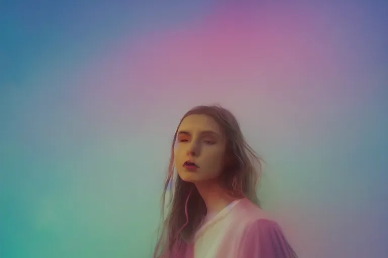 Image similar to high quality pastel coloured film photograph of a model wearing black clothing resting on clouds in a haze filled dreamstate world. three point light, rainbow. photographic production. art directed. pastel colours. volumetric clouds. pastel gradient overlay. waves glitch artefacts. 8 k. filmic.