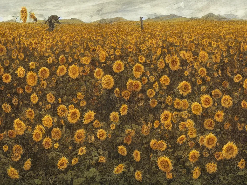 Prompt: withered dry sunflowers, rippling, minimalist environment, by esao andrews and maria sibylla merian eugene delacroix, gustave dore, thomas moran, pop art, art by charles burns, andrew wyeth