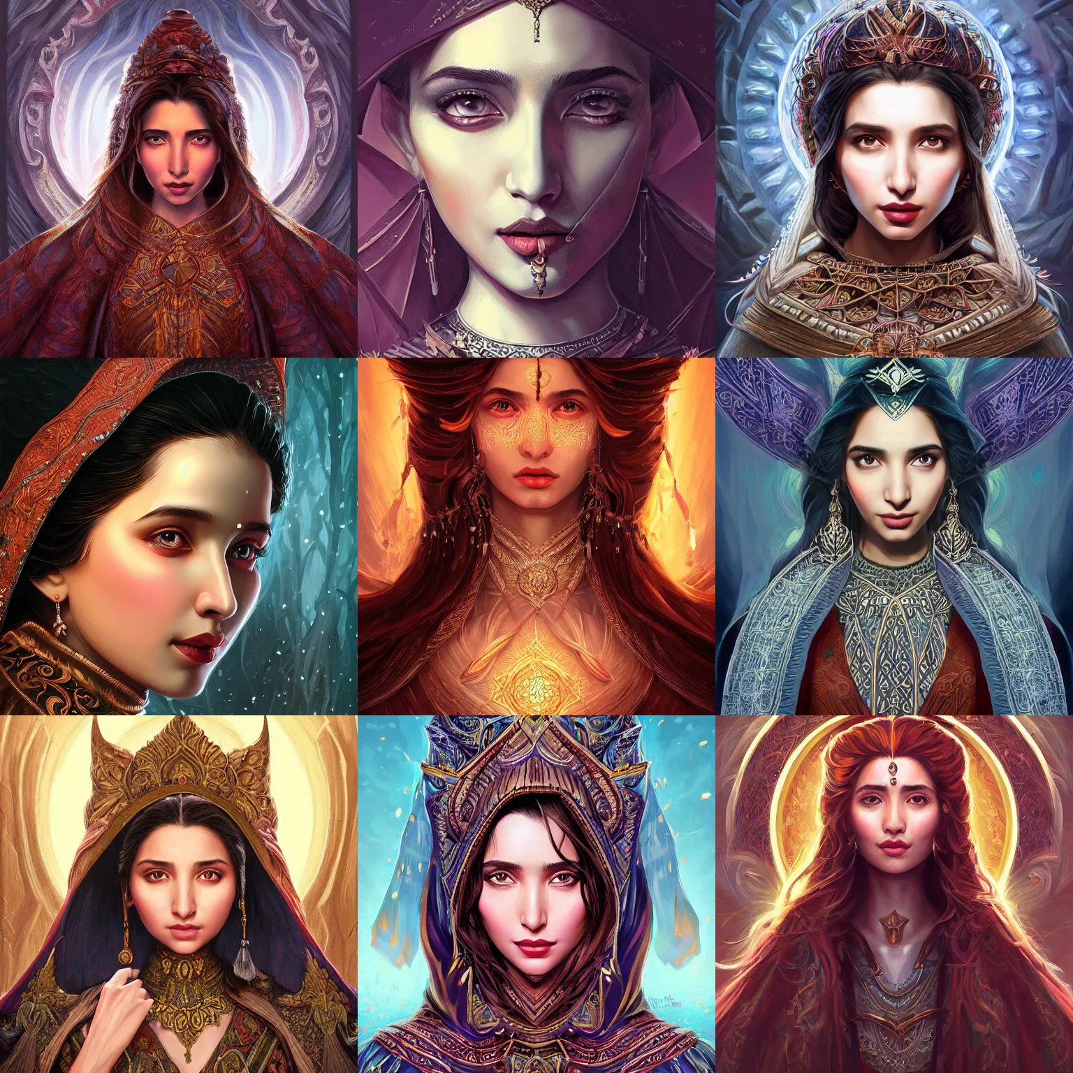 Image similar to head-on centered symmetrical painted portrait, Mahira Khan as a D&D wizard, intricate fantasy robes, fantasy, intricate, elegant, highly detailed, digital painting, smooth, sharp focus, illustration, dramatic lighting, artstation, in the style of Artgerm and Anna Podedworna and Alex Ross