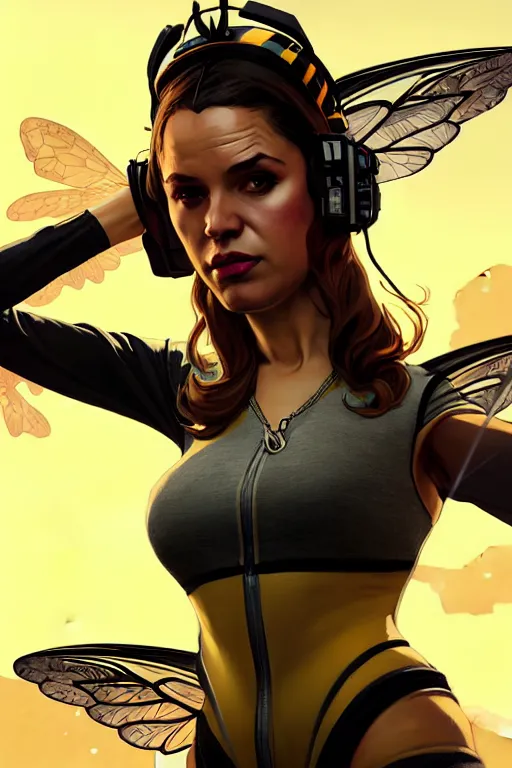 Image similar to gta 5 queen bee profile picture by greg rutkowski, cybernetic wings, dynamic pose, intricate, futuristic, fantasy, elegant, by stanley artgerm lau, greg rutkowski, thomas kindkade, alphonse mucha, loish, norman rockwell, fantasy lut, asymmetric, long hair, retro computer graphics, video game, fluid lines,