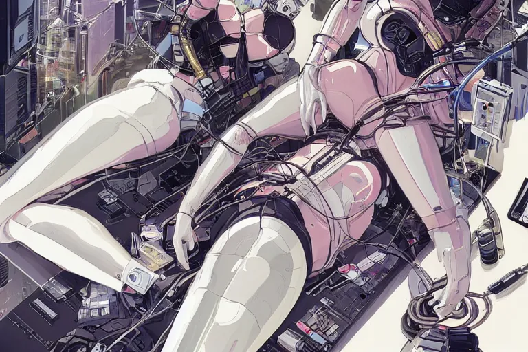 Image similar to a finely composed cyberpunk illustration of a group of white female androids' in style of hajime sorayama, lying on an abstract, empty, white floor with their body parts scattered around and cables and wires coming out, by katsuhiro otomo and masamune shirow, hyper-detailed, colorful, view from above, wide angle, close up, spacious