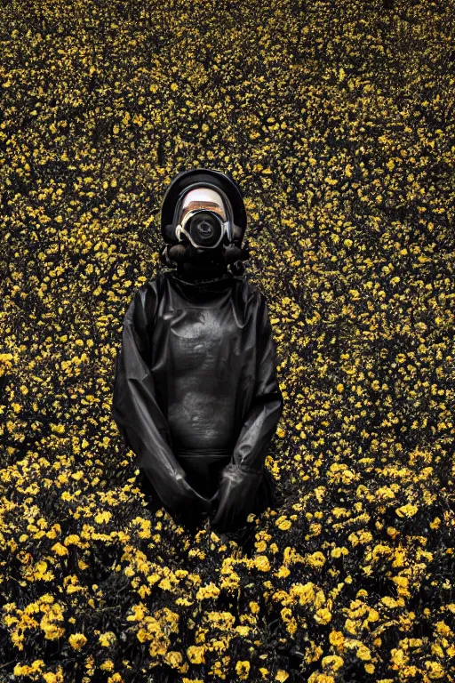Prompt: a surreal portrait of a woman wearing gas mask diving into the ground of black flowers in the style of brooke didonato, editorial fashion photography from vogue magazine, full shot, nikon d 8 1 0, ƒ / 2. 5, focal length : 8 5. 0 mm, exposure time : 1 / 8 0 0, iso : 2 0 0