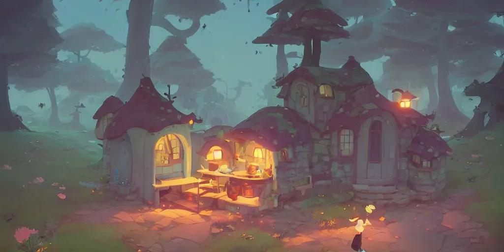 Prompt: small fairy mushroom house, by cory loftis & akihiko yoshida & james gilleard & atey ghailan & makoto shinkai & goro fujita & studio ghibli, rim light, exquisite lighting, clear focus, magic atmosphere, lights, night, very coherent, plain background, soft painting