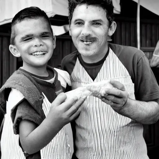 Image similar to a Kodak shot of two old brothers with white butcher clothes hug each other looking at the camera and holding a choripan, black and white, low fidelity