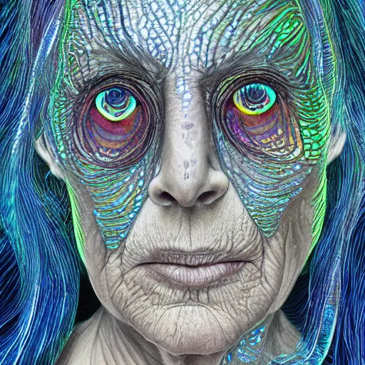 Image similar to dark underwater portrait of one Bioluminescent old woman, with cracked reaction diffusion semi-transparent skin. multicolored fish scales, face closeup. long dark hair. realistic. with many jellyfishes. intricate, very detailed, illustration, by alex grey and Moebius