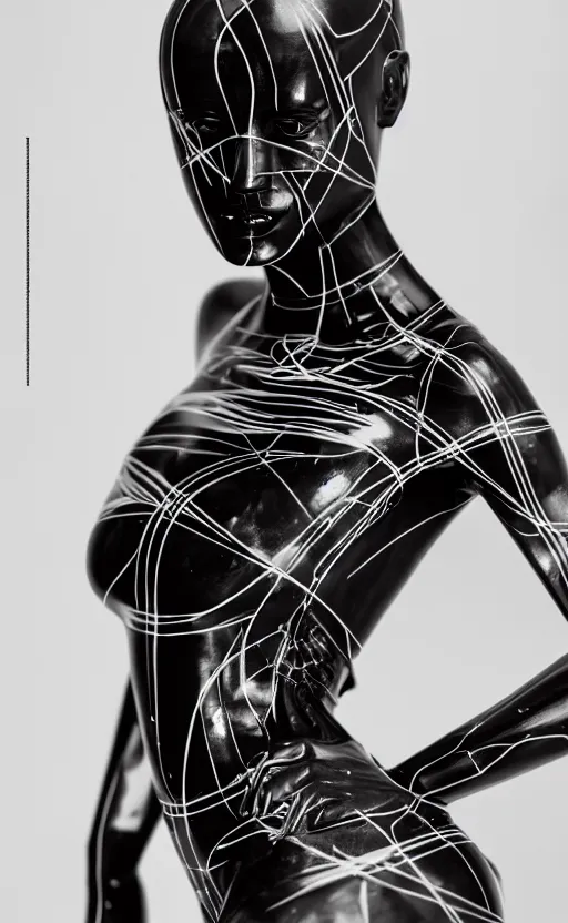 Image similar to extremely beautiful female black marble statue in the style of virgil abloh, colorful motocross logos behind her, sharp focus, clear, detailed,, cinematic, detailed, off white, glamourous, symmetrical, vogue, editorial, fashion, magazine shoot, glossy