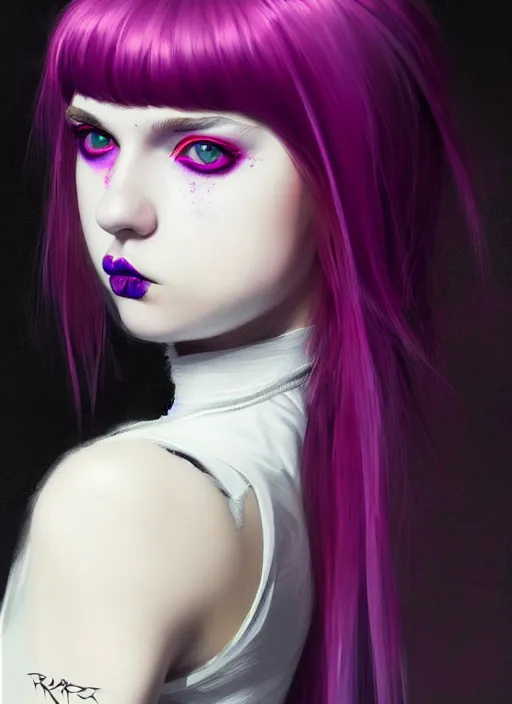 Image similar to portrait of white teenage girl, normal face, white bangs, mall goth, cyberlox, black and white hair, bangs, fluffy bangs, red contact lenses, purple lipstick, intricate, elegant, highly detailed, digital painting, artstation, concept art, sharp focus, smooth, illustration, art by wlop, mars ravelo and greg rutkowski