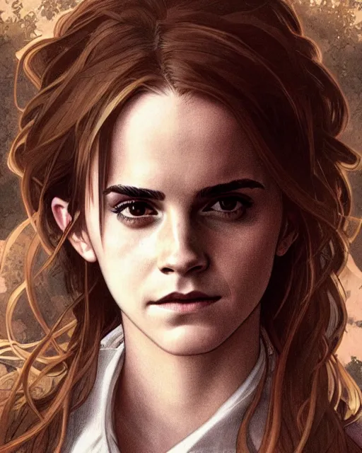 Image similar to Emma Watson as Hermione Granger, medium shot close up, details, sharp focus, illustration, by Jordan Grimmer and Alphonse Mucha and greg rutkowski and PiNe(パイネ) and 薯子Imoko and 香川悠作 and maya takamura, intricate, beautiful, Trending artstation, pixiv, digital Art