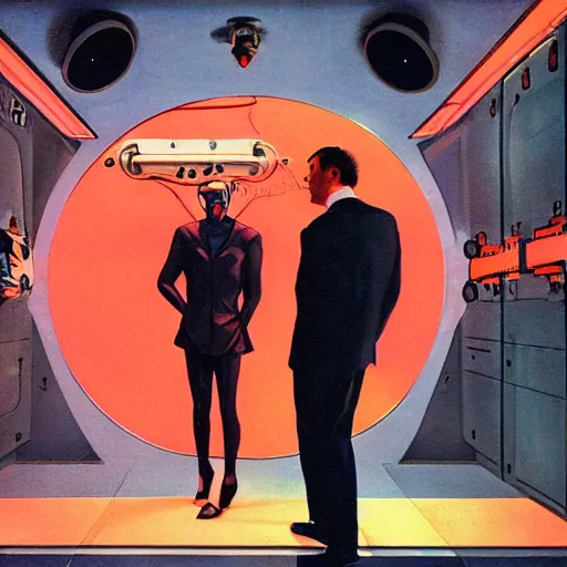 Image similar to man in futurist 6 0 ´ s lab, machines and futurist robots, red lights, boris vallejo style, black suit