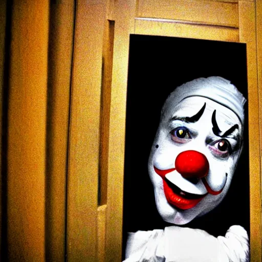 Image similar to clown peeking head out of closet nightmare