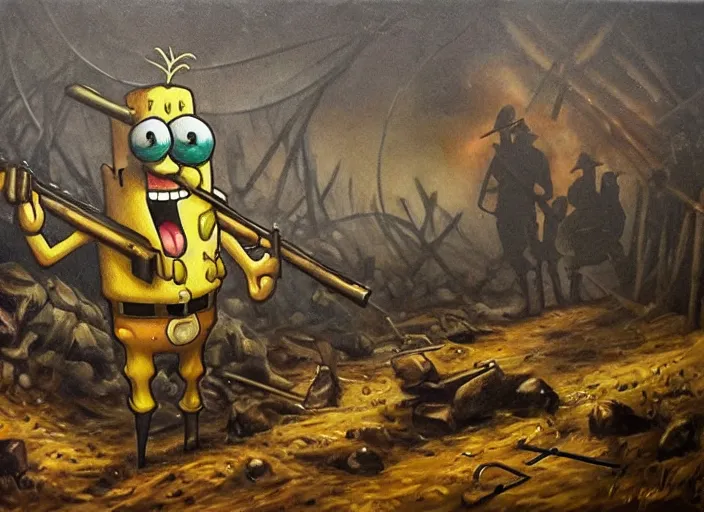 Image similar to realistic dark oil painting of spongebob squarepant inside ww 1 trenches, holding rifle, terrified, scared, war film