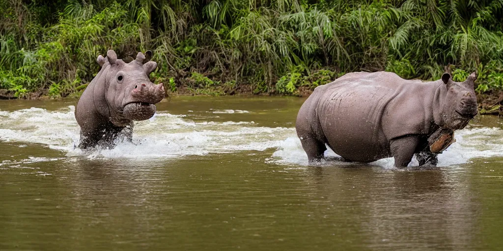 Image similar to hippo with a rhino horn, in a river in the jungle, extremely high fidelity, natural lighting