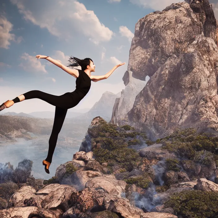 Image similar to a woman dancing on top of a very high surreal building on top of the mountains, nature, plants, fire, rocks, water, bark, hyper realism, high detail, octane render, 8k, chrome accents