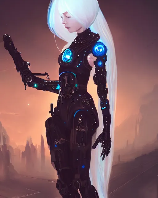 Image similar to holy cyborg necromancer girl, elegant, perfect face, scifi, futuristic, utopia, garden, illustration, atmosphere, warframe, blue eyes, white hair, focused, artstation, nier automata, highly detailed, art by yuhong ding and chengwei pan and serafleur and ina wong