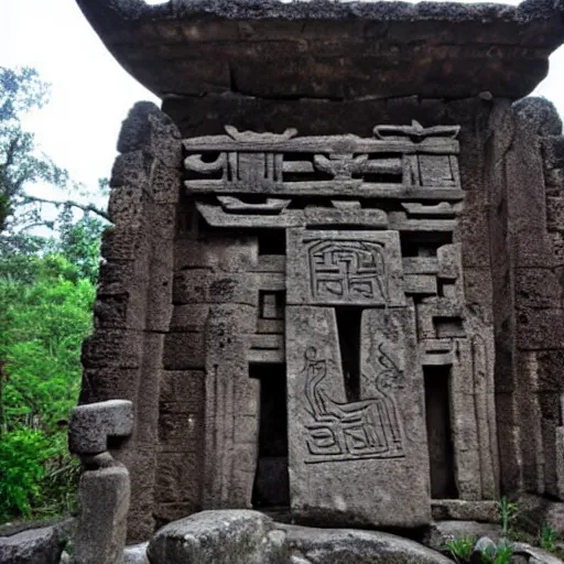 Prompt: an ancient temple, with mysterious symbols carved into the stone, scary, grotesque