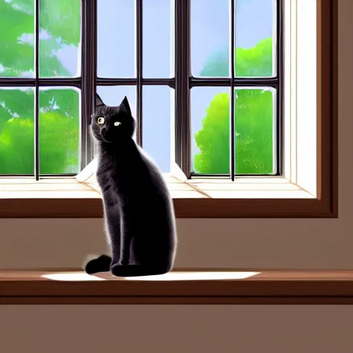 Prompt: peaceful dreamy painting of a content black cat sitting by a window, sunshine coming through the window, small plants on the window sill, 4k resolution, highly detailed, ultra realism