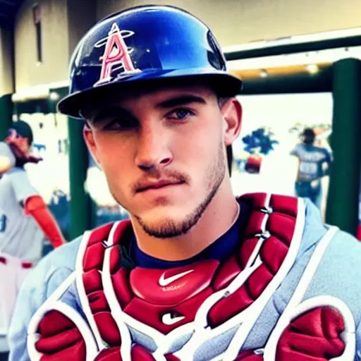 Prompt: “a realistic photo of a guy who is an attractive baseball player man who is half robot and half humanoid, who is a robot, Mike Trout, shiny skin, blue eyes”