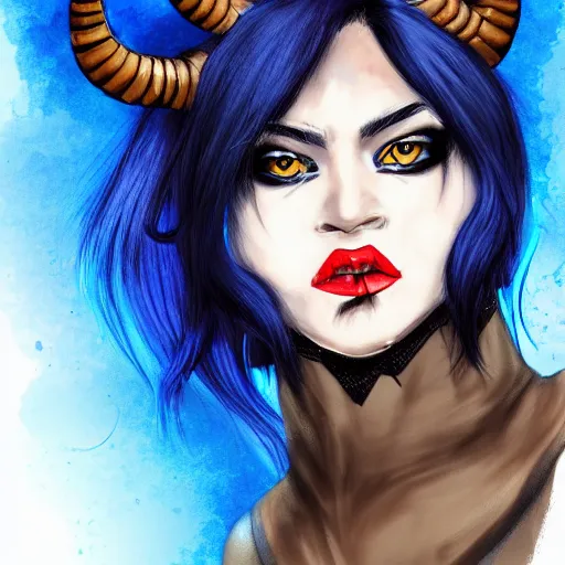 Prompt: illustrated portrait of ram-horned devil woman with blue bob hairstyle and hex #FFA500 colored skin and with solid black eyes wearing leather by rossdraws