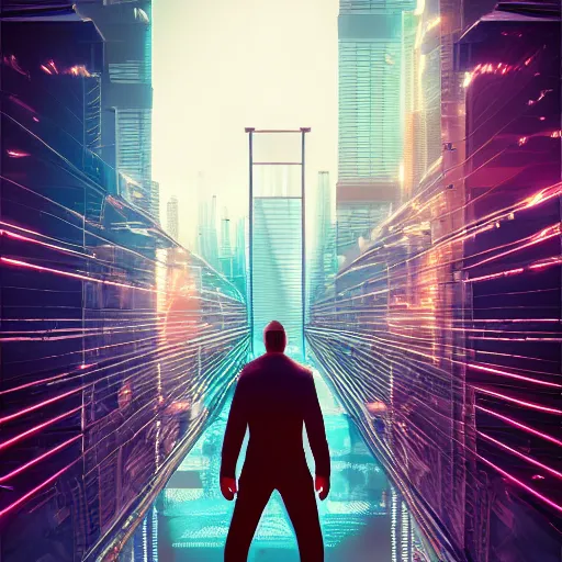 Image similar to A man standing on top of a bridge over a city, cyberpunk art by Vincent Lefevre, behance contest winner, altermodern, cityscape, synthwave, matte painting