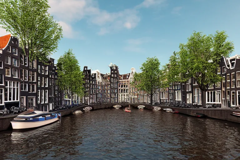 Prompt: view of houses in amsterdam, with water and boats, photography, 3 5 mm, hyper realistic, 8 k, unreal engine