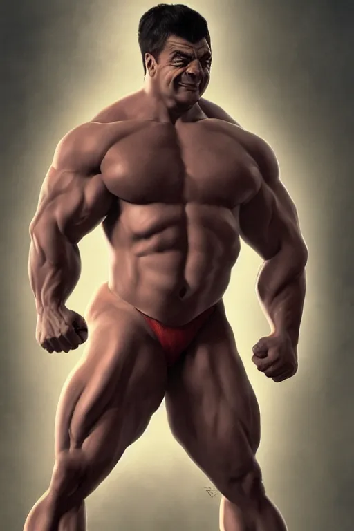 Image similar to upper body portrait of a hulking bulky swole steroids musclebound huge bodybuilder muscular herculean chiseled mr bean rowan atkinson, cinematic lighting, photorealistic, octane render, 8 k, depth of field, 3 d, art by artgerm and greg rutkowski and alphonse mucha and uang guangjian and gil elvgren and sachin ten