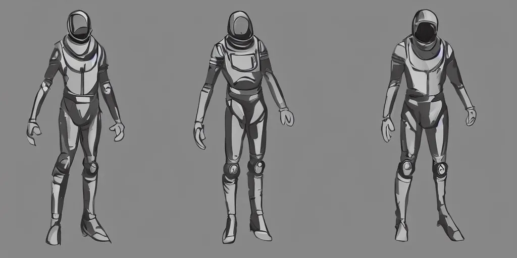 Image similar to male, space suit, character sheet, concept art, stylized, large shoulders, short torso, long thin legs, exaggerated proportions, concept design