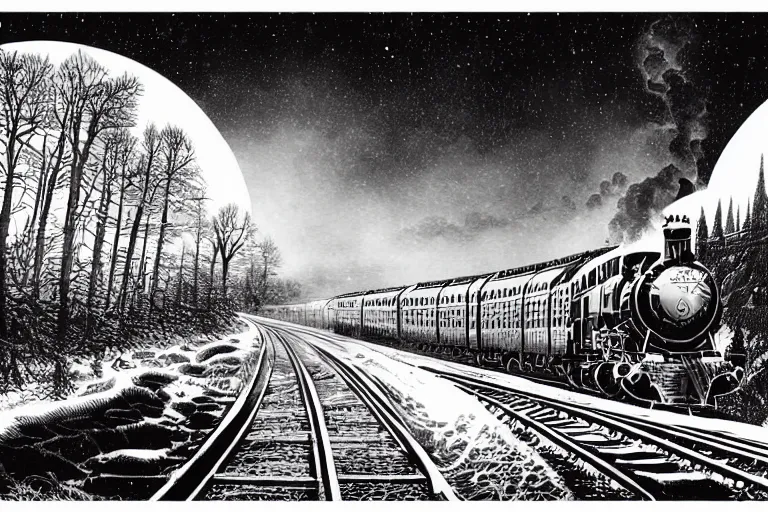 Image similar to trans - siberian express train ultrafine drawing by joe fenton and syd mead and p. craig russell and barry windsor - smith, artstation, 4 k, graphic novel, concept art, matte painting, beautiful russian winter landscape sunset background, golden hour, art nouveau, sharp