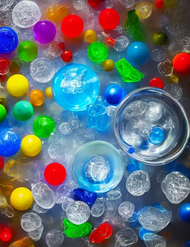 Image similar to a well - lit studio photograph of a clear bowl of water with various plastic toys floating in it, some smooth, some wrinkled, some long, some spherical, various sizes, textures, and transparencies, beautiful, smooth, detailed, inticate