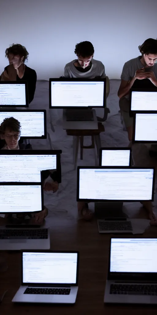 Image similar to 5 people writing code on laptops in a dimly lit room at night, computer screens illuminate their faces