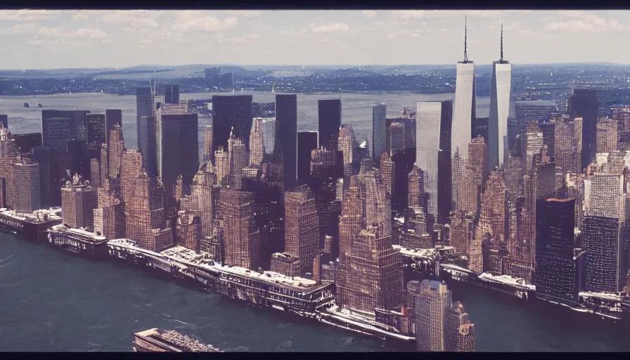 Image similar to highly detailed cinematic, hudson river in the background, twin towers, new york skyline, cinestill 8 0 0 t 3 5 mm 1 9 8 9, technicolor,, high quality, high detail, warm light, 8 k, realistic, hd