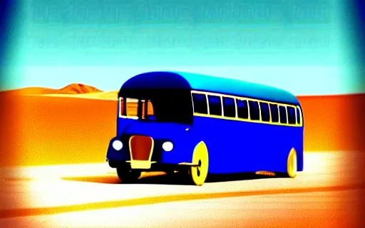 Prompt: Going Nowhere Fast, desert, blue bus