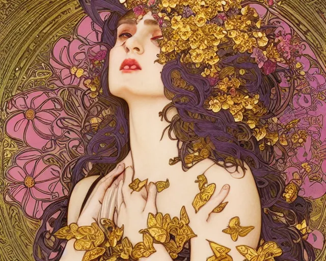 Prompt: Floralpunk Maiden, gilding, gold leaf, obsidian and gold, detailed intricate ink illustration, heavenly atmosphere, detailed illustration, hd, 4k, digital art, overdetailed art, concept art, complementing colors, trending on artstation, art nouveau designs, Cgstudio, the most beautiful image ever created, dramatic, illustration painting by alphonse mucha and Ruan Jia, vibrant colors, 8K, style by Wes Anderson, award winning artwork, high quality printing, fine art, beautiful scenery, by Makoto Shinkai, syd meade, 8k ultra hd, artstationHD, 3d render, hyper detailed