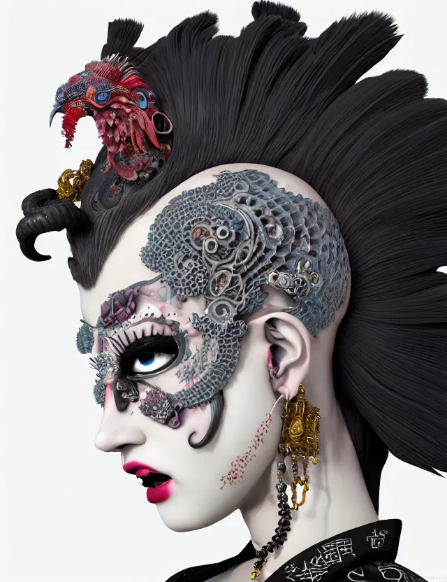 Image similar to 3 d goddess close - up profile portrait punk with mohawk in victorian style with ram skull. beautiful intricately detailed japanese crow kitsune mask and clasical japanese kimono. betta fish, jellyfish phoenix, bio luminescent, plasma, ice, water, wind, creature, artwork by tooth wu and wlop and beeple and greg rutkowski