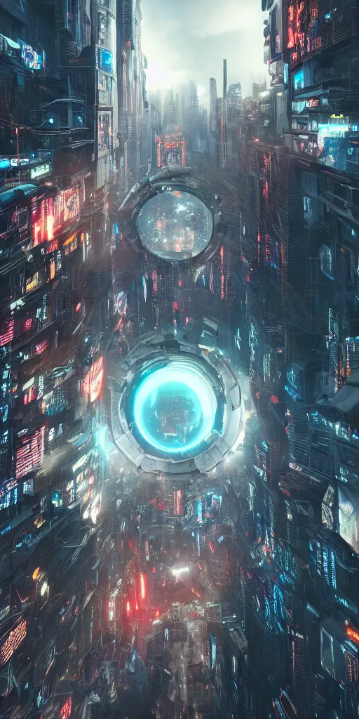 Image similar to a giant portal destroying a dystopian city, cyberpunk, sharp focus, dynamic lights, still, photograph, hyper realistic, masterpiece, octane render, rendered, 3 d, cinematic, cinematic lighting, dramatic lighting, highly detailed, intricate details, texture, cinematic composition, wide shot, by donglu yu and kevin jick and eddie del rio