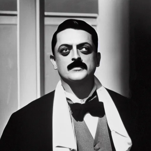 Prompt: b & w photo of gomez addams at the beach