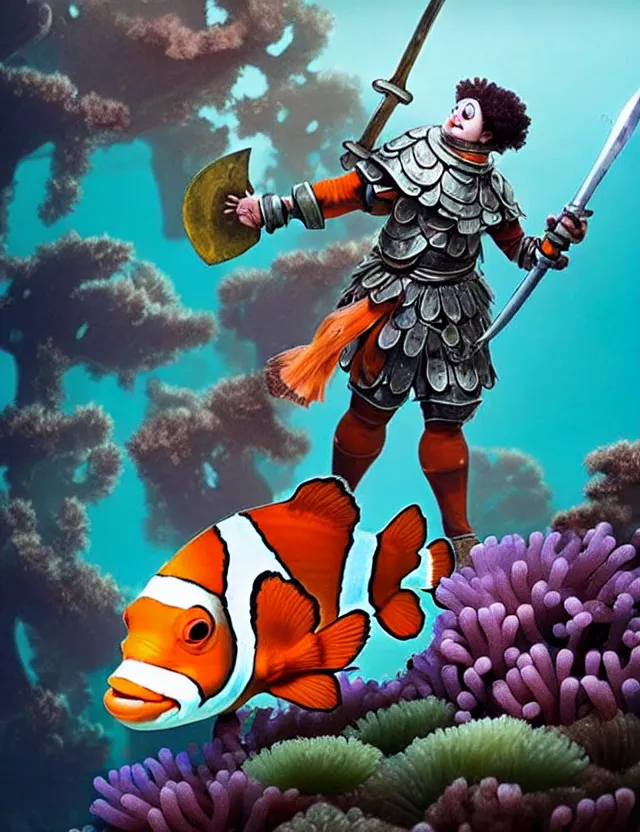 Image similar to a bipedal clownfish that is wearing full iron plate armor, and holding a colossal sword, over his shoulder, as a matte oil painting and d & d character art, standing, fullbody, bubbles, anemone, tall kelp, award - winning, extremely detailed, sharp focus