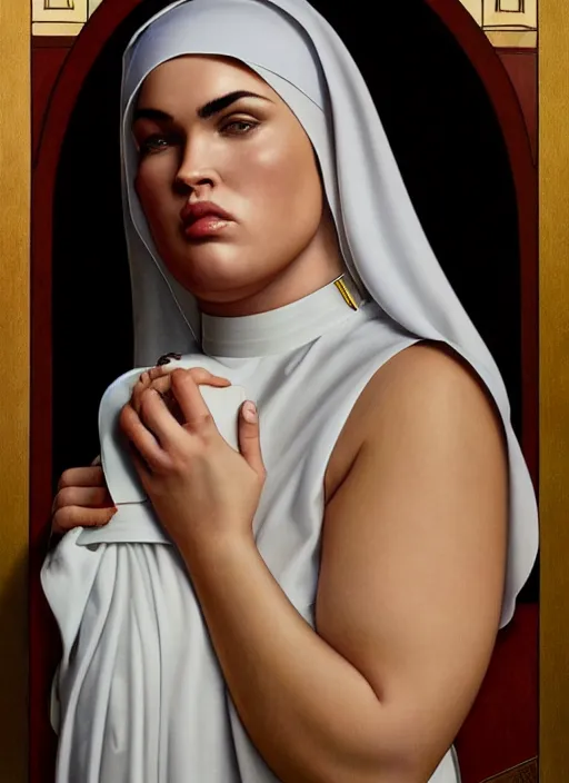 Prompt: portrait of a very obese megan fox as an obese sultry nun, catholic, church, bible, christianism, praying, intrigante, headshot, highly detailed, digital painting, artstation, concept art, sharp focus, cinematic lighting, illustration, art by artgerm and greg rutkowski, alphonse mucha, cgsociety