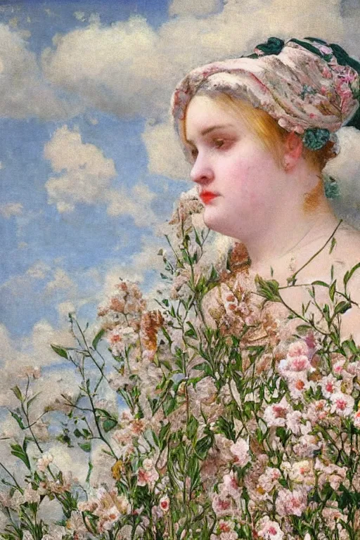 Prompt: close - up fashion fat woman portrait airy flowers cloudy sky art by vasnetsov