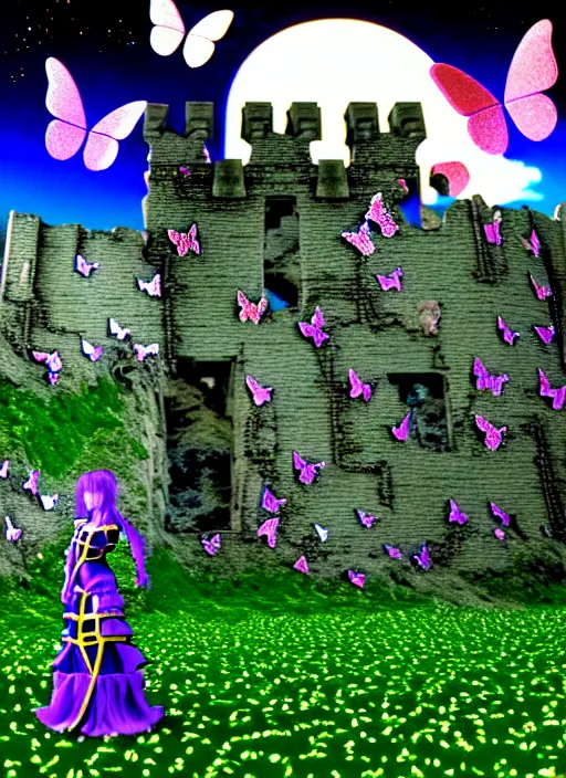 Prompt: 3 d render of catholic knight cybergoth, castle ruins landscape, sakura season, against a psychedelic surreal background with 3 d butterflies and 3 d flowers n the style of 1 9 9 0's cg graphics against the cloudy night sky, lsd dream emulator psx, 3 d rendered y 2 k aesthetic by ichiro tanida, 3 do magazine, wide shot