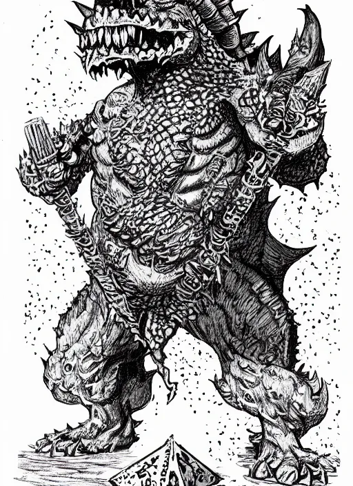 Prompt: bowser/king koopa as a D&D monster, full body, pen-and-ink illustration, etching, by Russ Nicholson, DAvid A Trampier, larry elmore, 1981, HQ scan, intricate details, Monster Manula, Fiend Folio