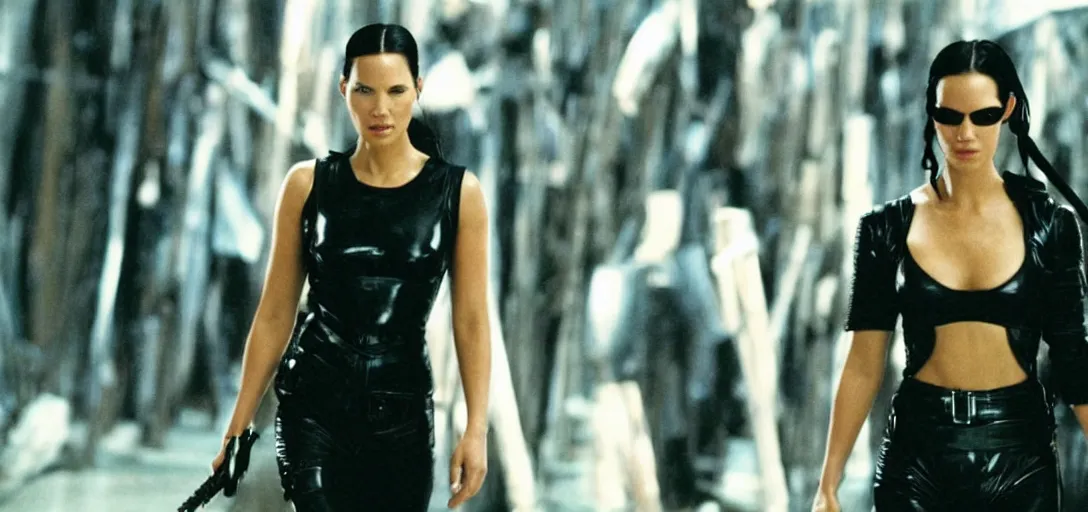 Prompt: still of olivia munn as neo in the matrix