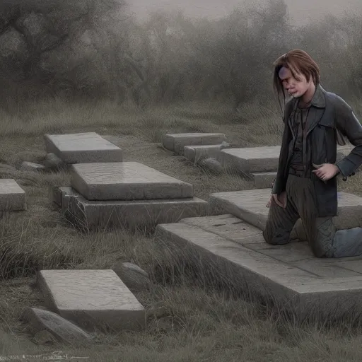 Prompt: stand by me river phoenix leaning on a grave stone, sadness, matte detailed photo, DeviantArt, Artstation, by donato giancola, ralph horley, loish, cinematic lighting