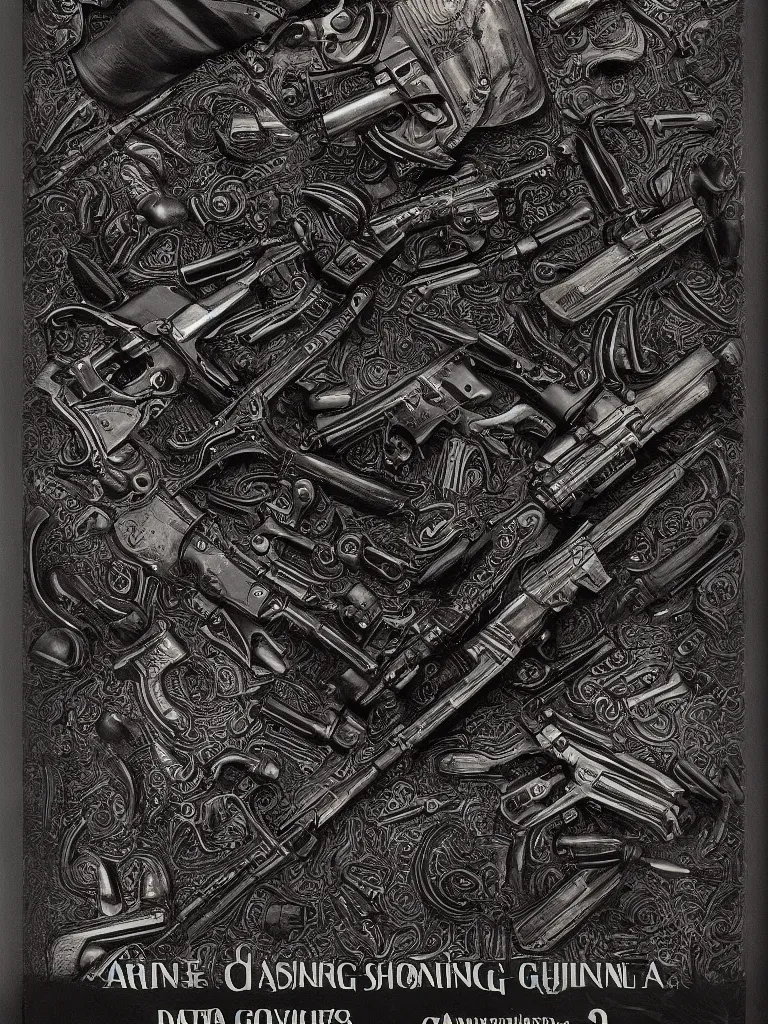 Image similar to carving in dark black steel of machine guns shotguns rifles revolvers bullets, dark vintage paperback cover, ultra-realistic, intricate details, 4k