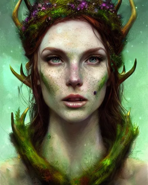 Prompt: female druid, perfect face, thin antlers, green tunic, ginger hair, cinematic, freckles, stunning, highly detailed, digital painting, artstation, smooth, hard focus, illustration, art by jessica rossier and and brian froud