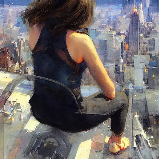 Image similar to “ girl sitting on a roof looking down at a futuristic new york city below, extremely detailed, by daniel gerhartz ”