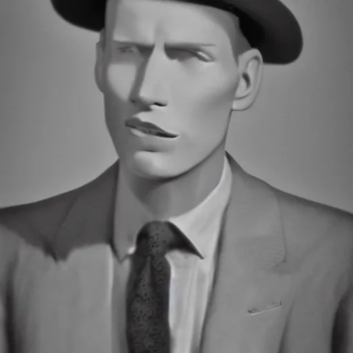 Image similar to A photograph portrait of Jerma985 wearing a suit with and fedora in the 1950s, taken in the early 1950s, grainy, taken on a 1950s Kodak Camera, realistic, hyperrealistic, very realistic, highly detailed, very detailed, extremely detailed, detailed, digital art, trending on artstation