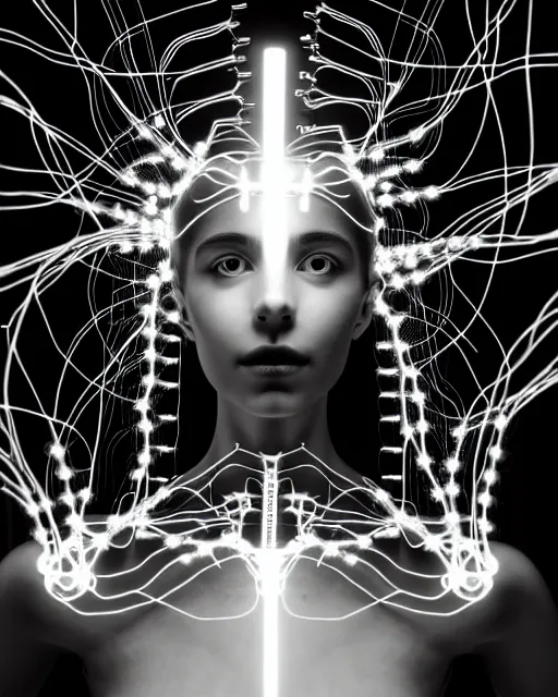 Prompt: black and white spiritual connected young female cyborg - plant goddess high quality photo, microchip, artificial intelligence, bio - mechanical bio - luminescence, black wired cables, neurons, nerve cells, cinematic, rim light, photo - realistic, elegant, high detail, 8 k, masterpiece, high fashion